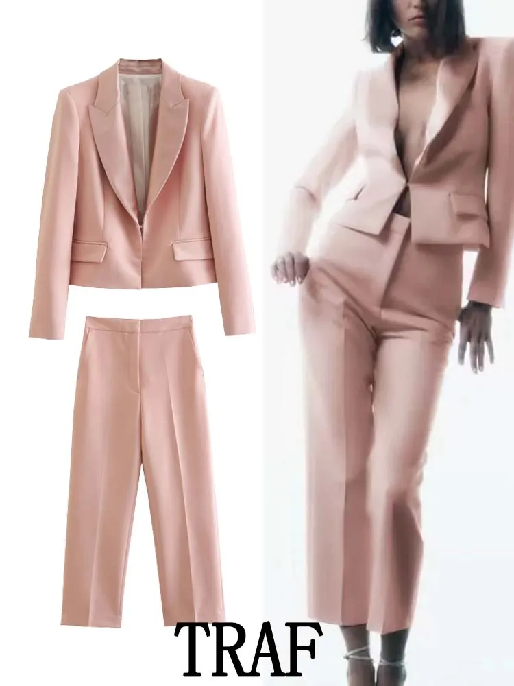 

TRAF 2023 Woman 2 Pieces Sets Fashion Cropped Blazer Coat + Straight Long Pants Office Commute Autumn Causal Sets