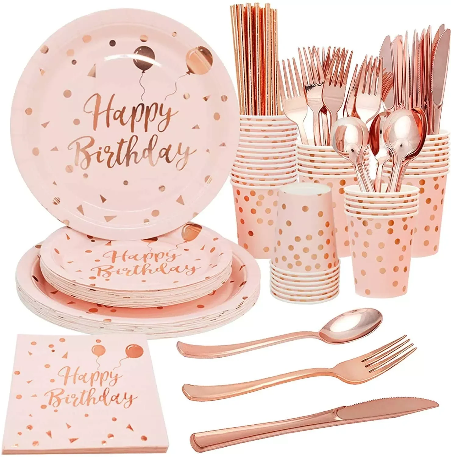 

Happy Birthday Decorations Rose Gold dot Disposable Tableware Paper Plates Cup baby shower Girl Kids Adult Birthday Party Decor