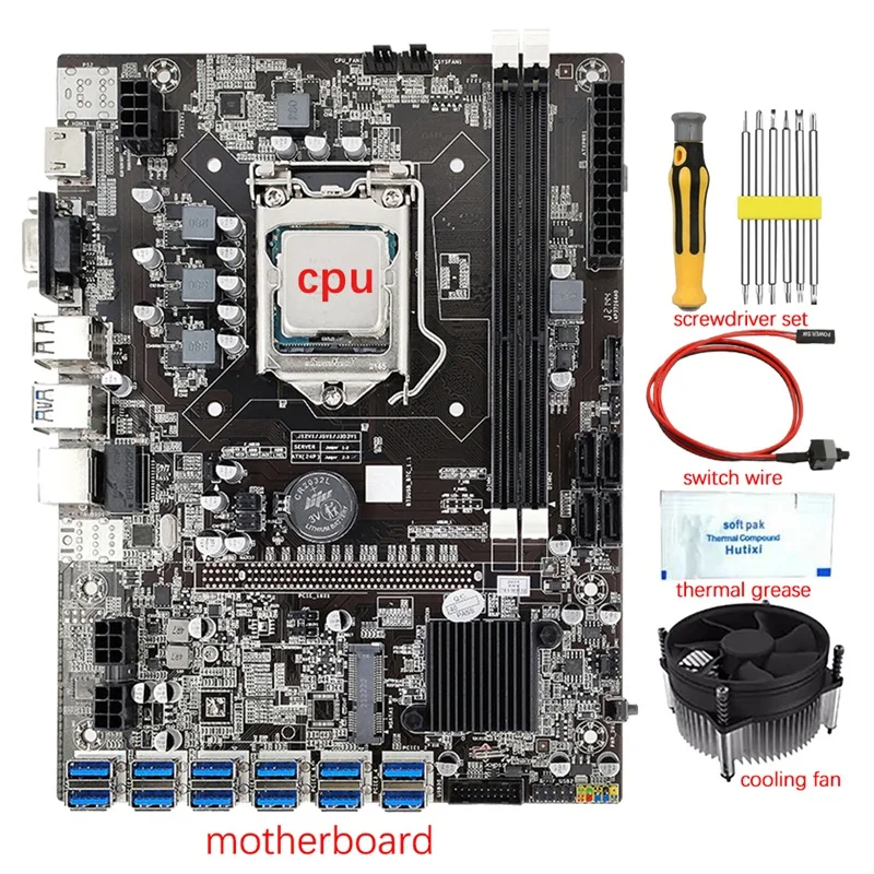 

B75 12 GPU BTC Mining Motherboard+CPU+Fan+Thermal Grease+Switch Line+Screwdriver Kit 12 USB3.0 Slot LGA1155 DDR3 SATA3.0