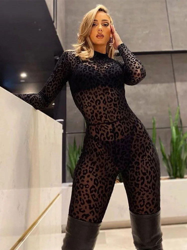 

Animal Instinct Mesh Bodystocking Leopard See Through Velour Long Sleeve Rompers Womens Jumpsuit Sexy Midnight Clubwear