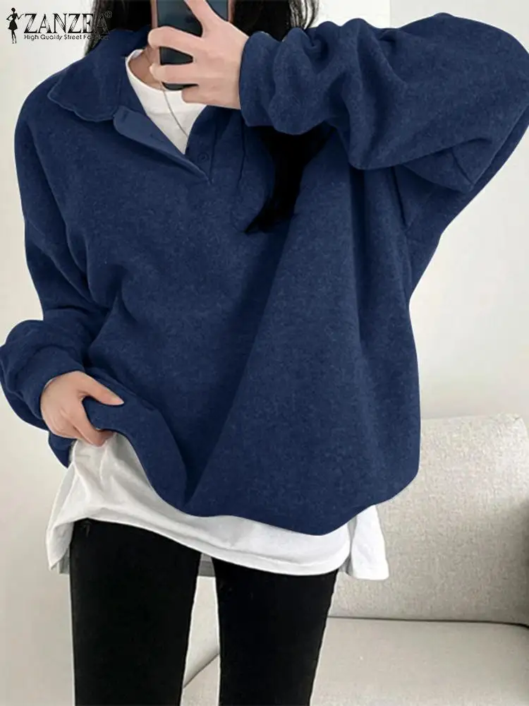 

2023 ZANZEA Autumn Women Solid Long Sleeve Sweatshirts Elegant Solid Loose Pullovers Fashion Harajuku Lapel Oversized Streetwear