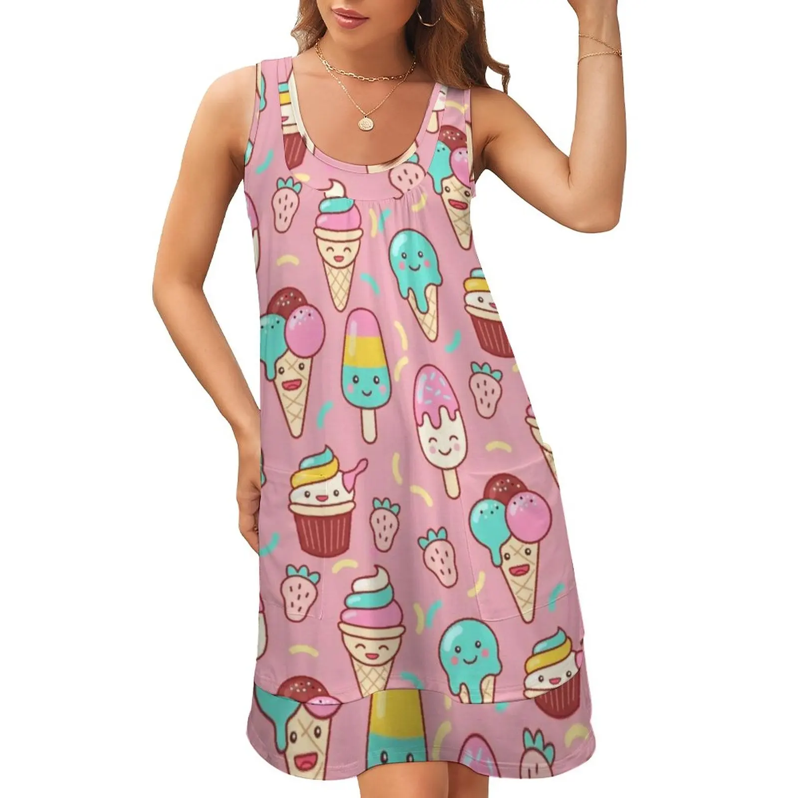 

Платье в стиле бохо с принтом мороженого, милое эстетическое платье без рукавов, с капюшоном, повседневная одежда в стиле пэчворк, большой р...