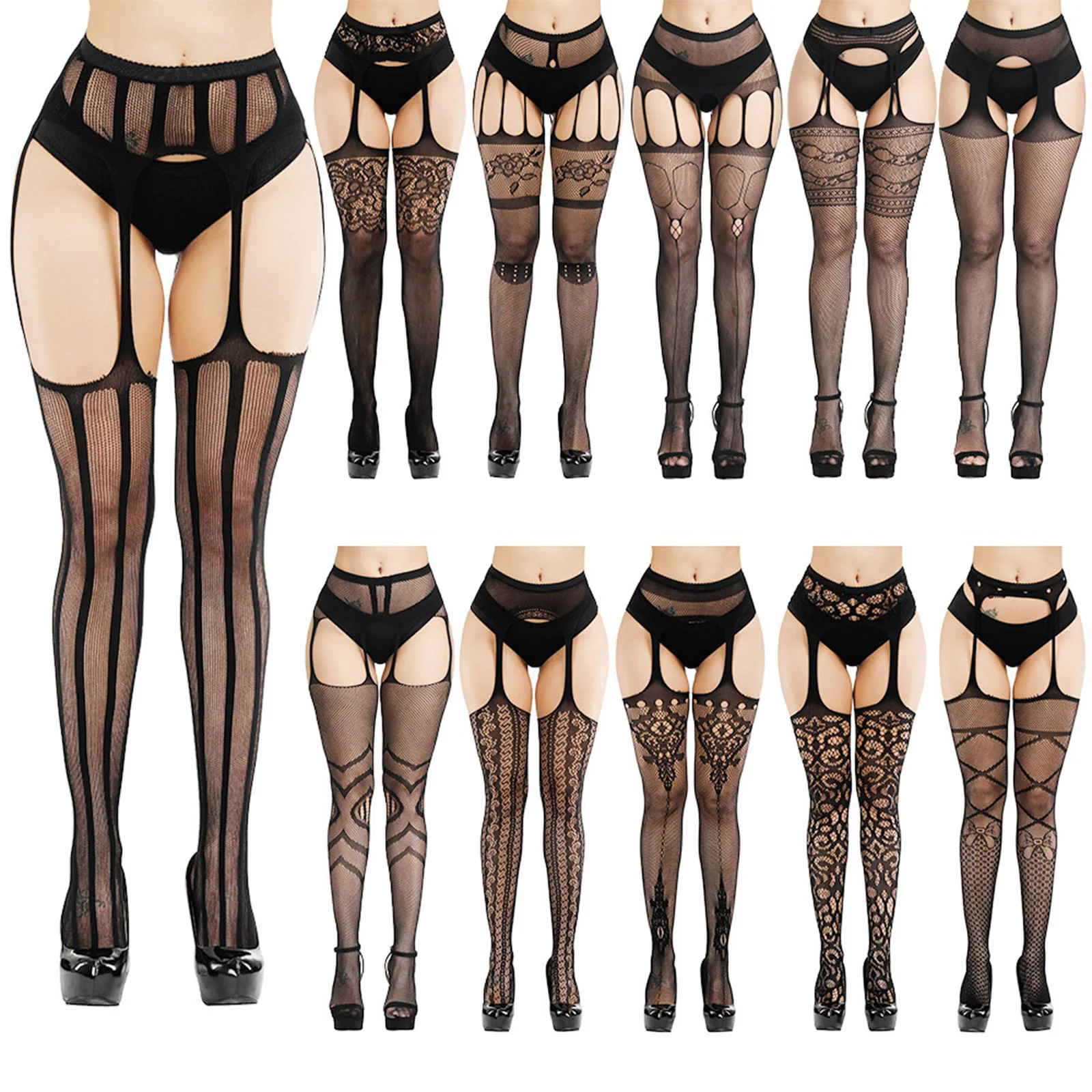 

Women Black Stockings With Belt Hollow Fishnet Tights Erotic Lingerie Sexy Pantyhose Floral Print Mesh Lace Stockings Pantyhose