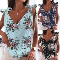 summer boho women flower print bowknot lace up tank tops female v neck slim fit vest fashion casual sleeveless camisole t shirt