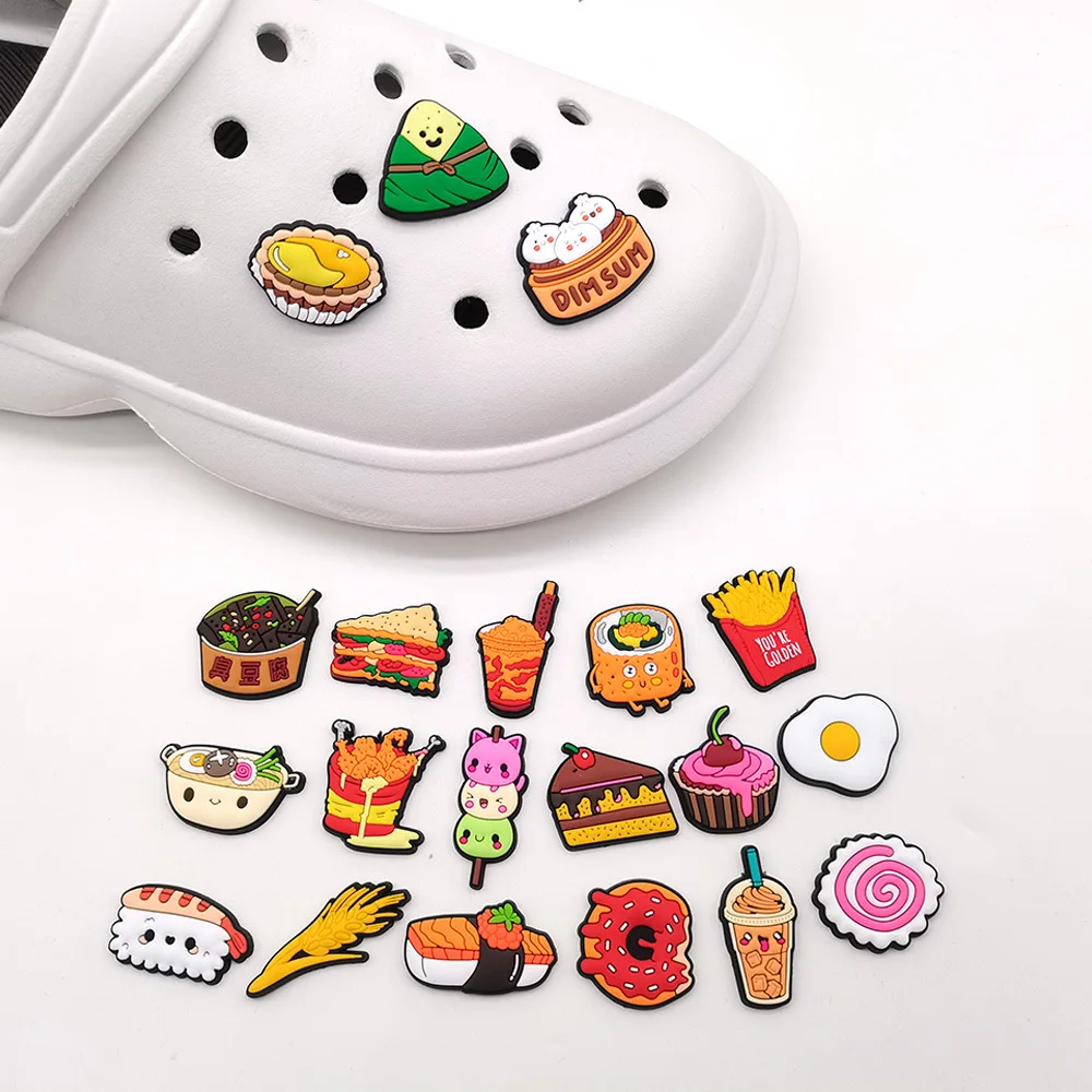

Summer Cute Food Cartoon Shoe Buckle PVC 1pcs Fried Chicken Sandwich Cake Sandals Accessories DIY Charms for Boys Women Gifts