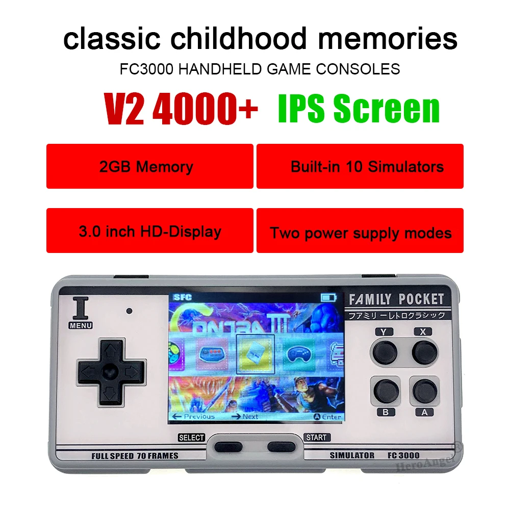 

FC3000 V2 IPS Screen Handheld Video Game Console Built-in 4000+ Classic Games Portable Console Support 10 Format Game AV Out Put