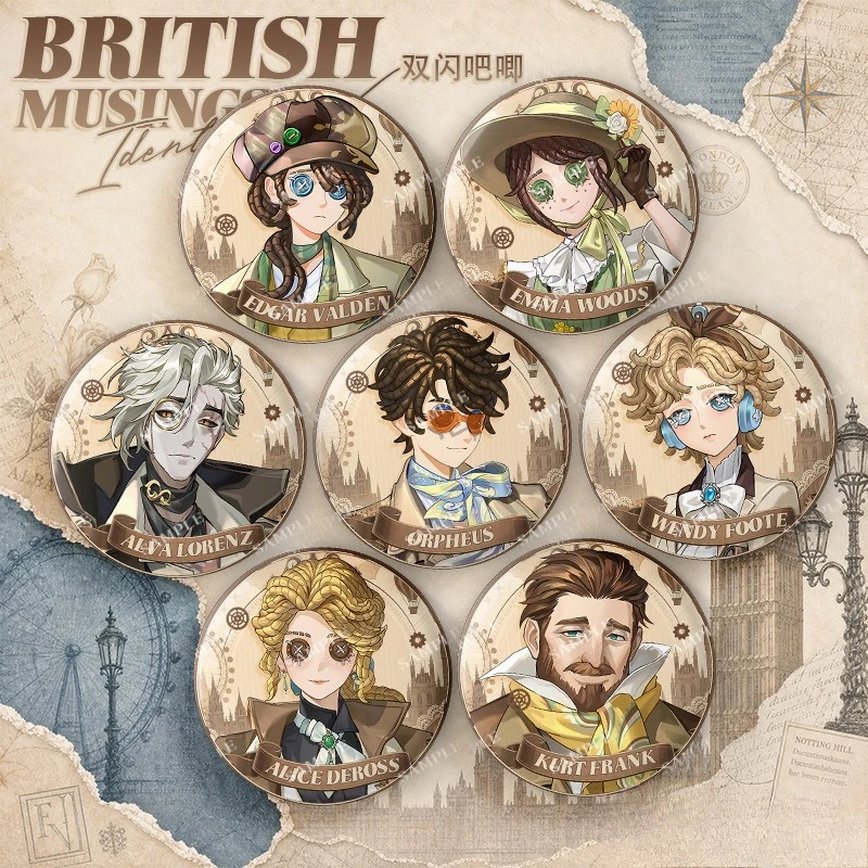 Фото Значок-брошь Game Identity V из серии British Musings Double Flash с Эммой Вудс, Орфеусом, Альва Лоренцем для фанатов, коллекционный подарок №1
