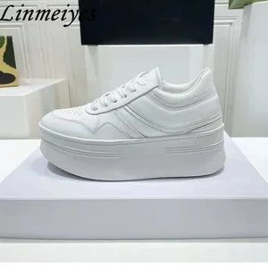 Casual Sneakers Women Genuine Leather Lace Up Thick Sole Shoes Female Round Toe White Shoes Platform in India
