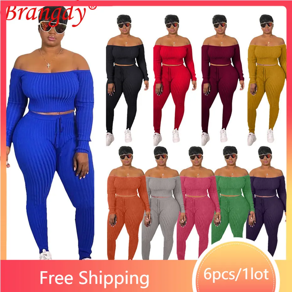 

6sets Bulk Items Wholesale Lots Y2k Clothes Two Piece Set Women Long Sleeve Off Shoulder Outfits Fashion Solid Tracksuit B10528