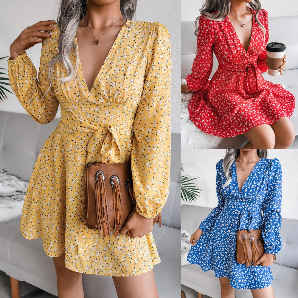 

2022 autumn women's new fashion casual dress sexy V-neck long-sleeved floral chiffon pullover ladies dress Women's Clothing 8315