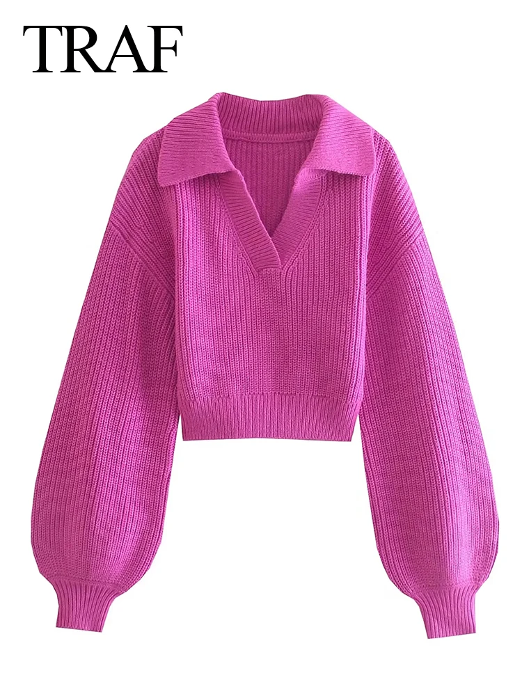 

TRAF 2022 Women's Autumn High Street Casual Crop Top Fashion V Neck Solid Short Knitting Sweater Female Vintage Chic Pullovers