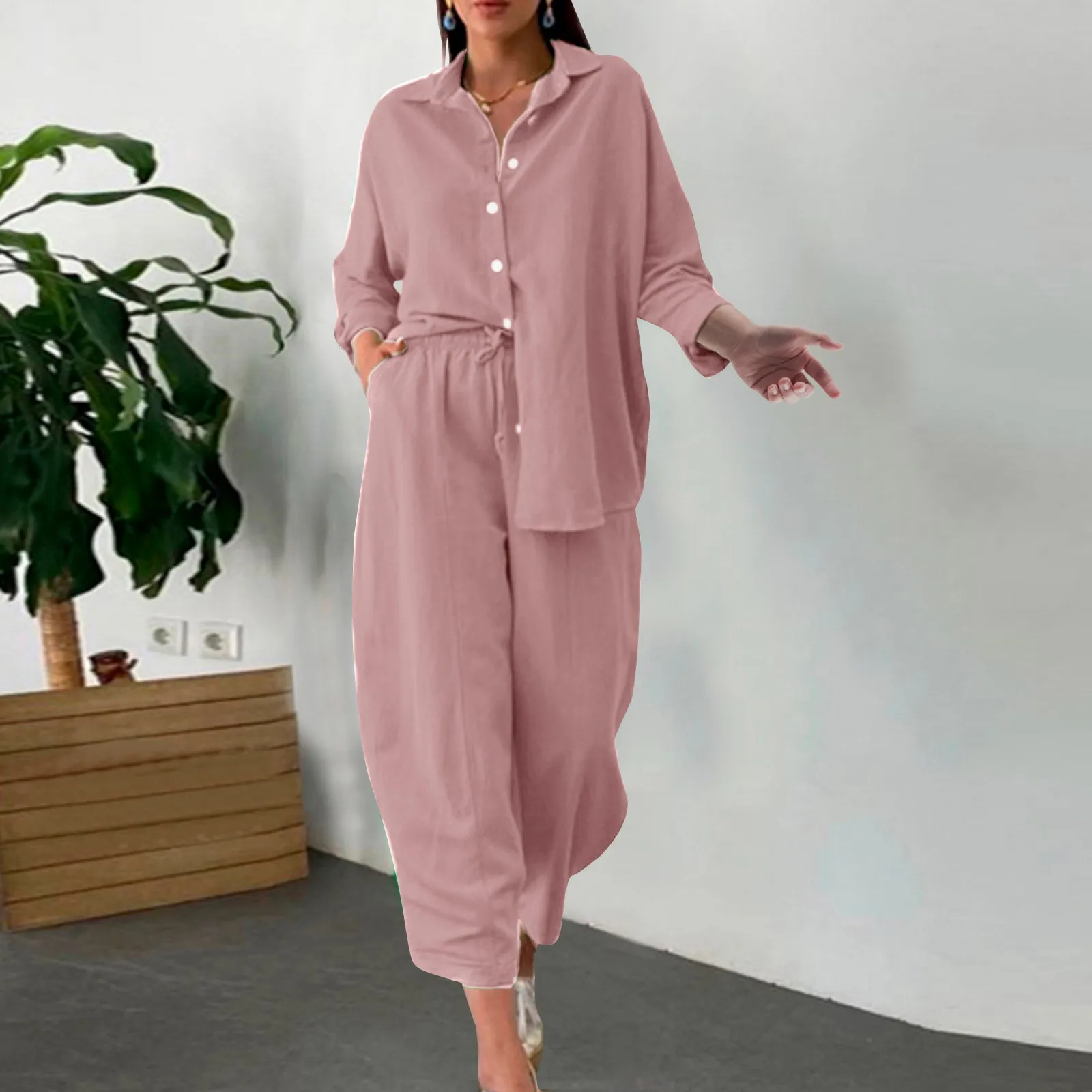 Casual Women's Sets Cotton Linen Two Pieces Sets Women Long Sleeve Beautiful Pink Shirt and Wide Pants Set Outfits Elegant 2023 3
