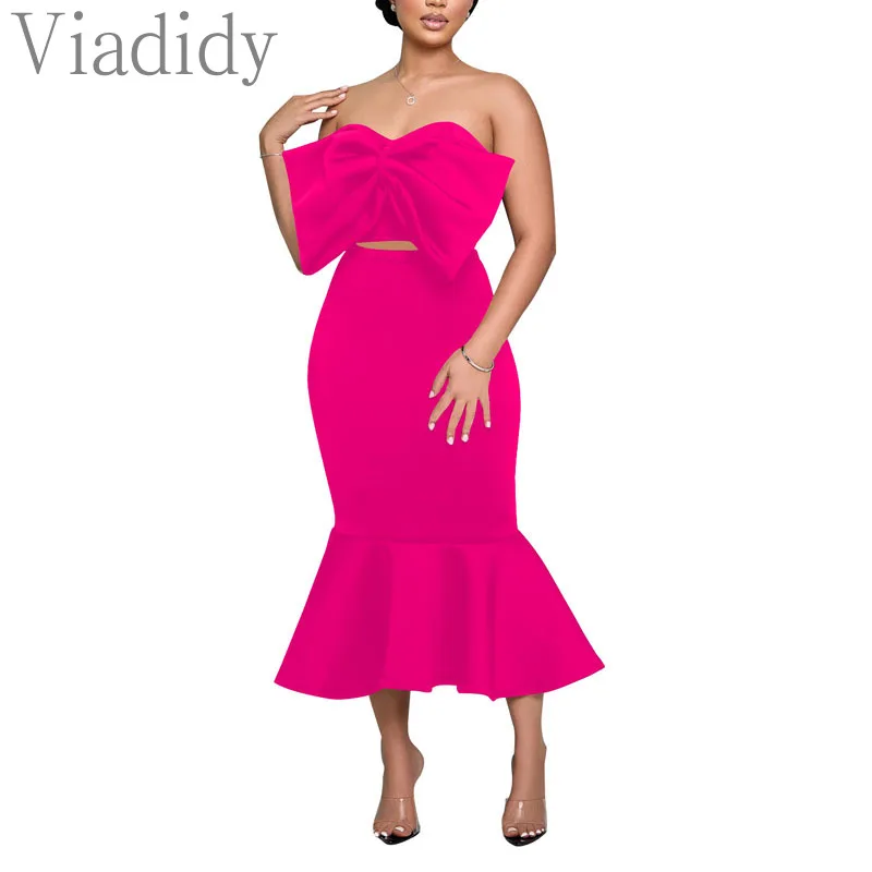 Женский сексуальный однотонный топ-бандо с бантом и юбка-русалка высокой талией