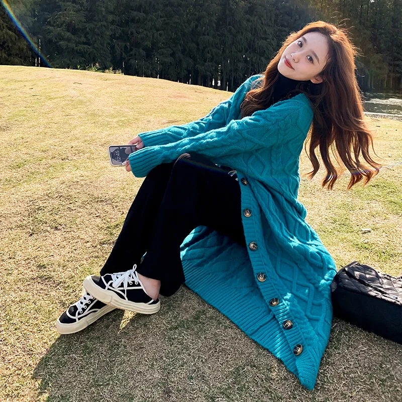 2023 Knit cardigan Sweater Outerwear Women Autumn and Winter All-Matching Retro Twist Korean Sle Idle Loose Mid-Length