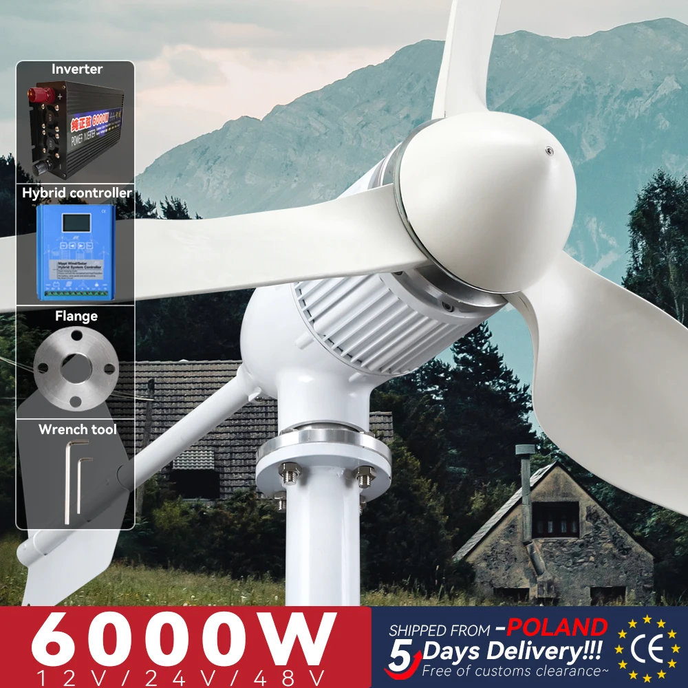 

Wind Turbine Generator Axis Electric Power Generator 12V24v 48v 6000w 3 Blades Permanent Maglev Generator Mppt Charge Controller