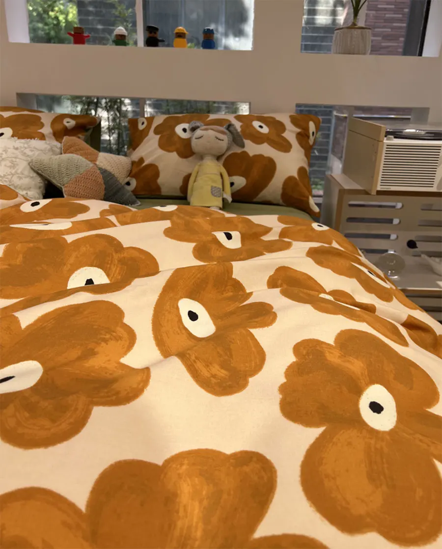 

Cute vintage yellow orange flower bed set,kawaii cotton twin full queen king home textile flat sheet pillow case quilt cover