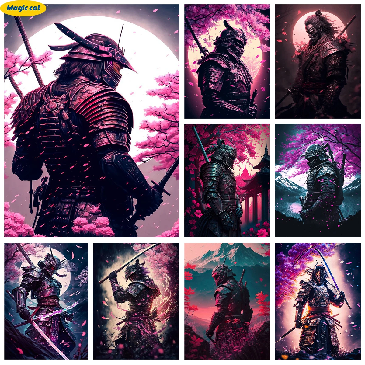 

Japanese Ghost Face Samurai Diamond Painting Sakura Landscapes 5D Diamond Embroidery Art Mosaic Pictures Home Decor Hand Gifts