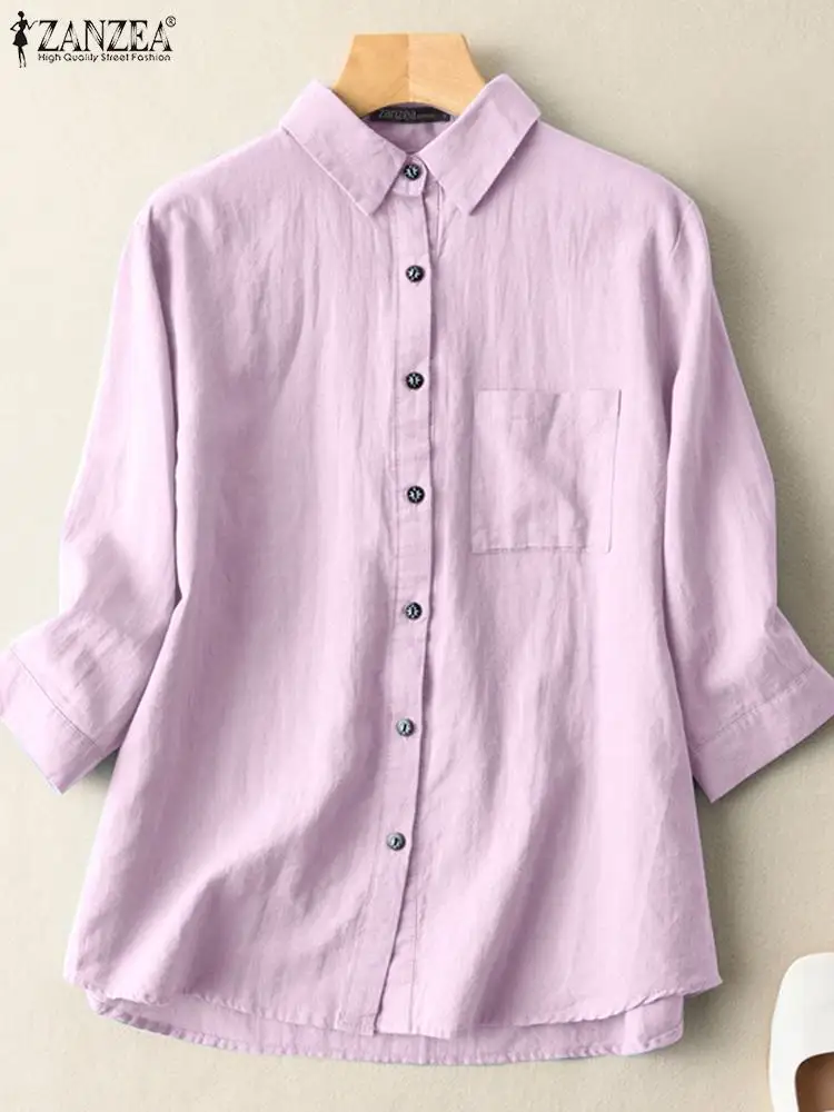 

Женские повседневные однотонные Топы большого размера для офиса, модная Свободная блузка ZANZEA с рукавом 3/4 и отложным воротником, женские бл...