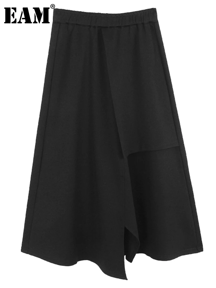 

[EAM] High Elastic Waist Black Irregular Slit Hem Midi Half-body Skirt Women Fashion Tide New Spring Autumn 2023 1DH0397