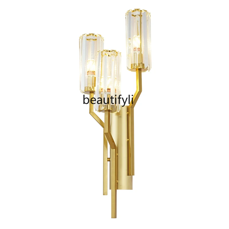 

HJ Wall Lamp Living Room Bedside Lamp Stairs European Style Splendid Crystal Three-Head Wall Lamp