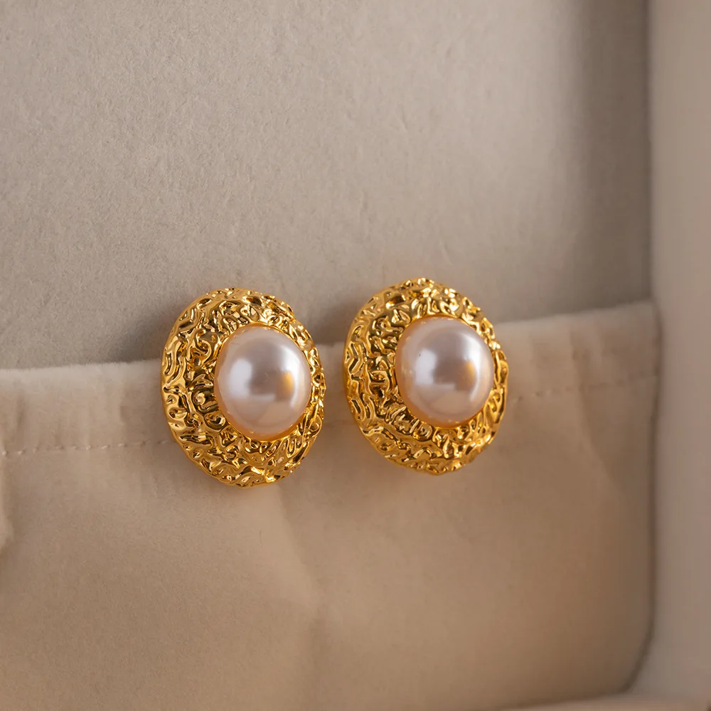 

Vintage Gold Color Round Pearls Stud Earrings For Women Wedding Pearl Earring Gift Jewelry