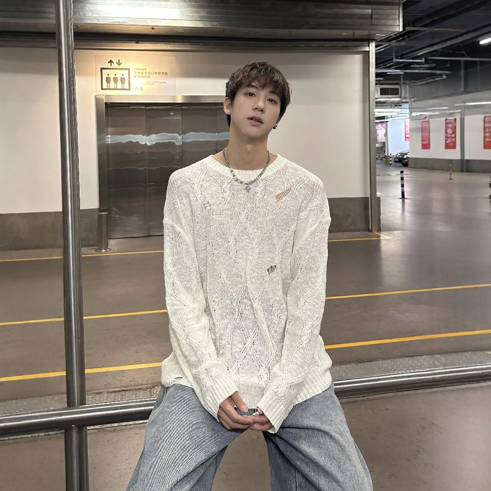Фото Hollow Hole Spring New Blouse Thin Mesh Top Men's And Women's Lazy Long-sleeved Youth Knitted Sweater T-shirt №1