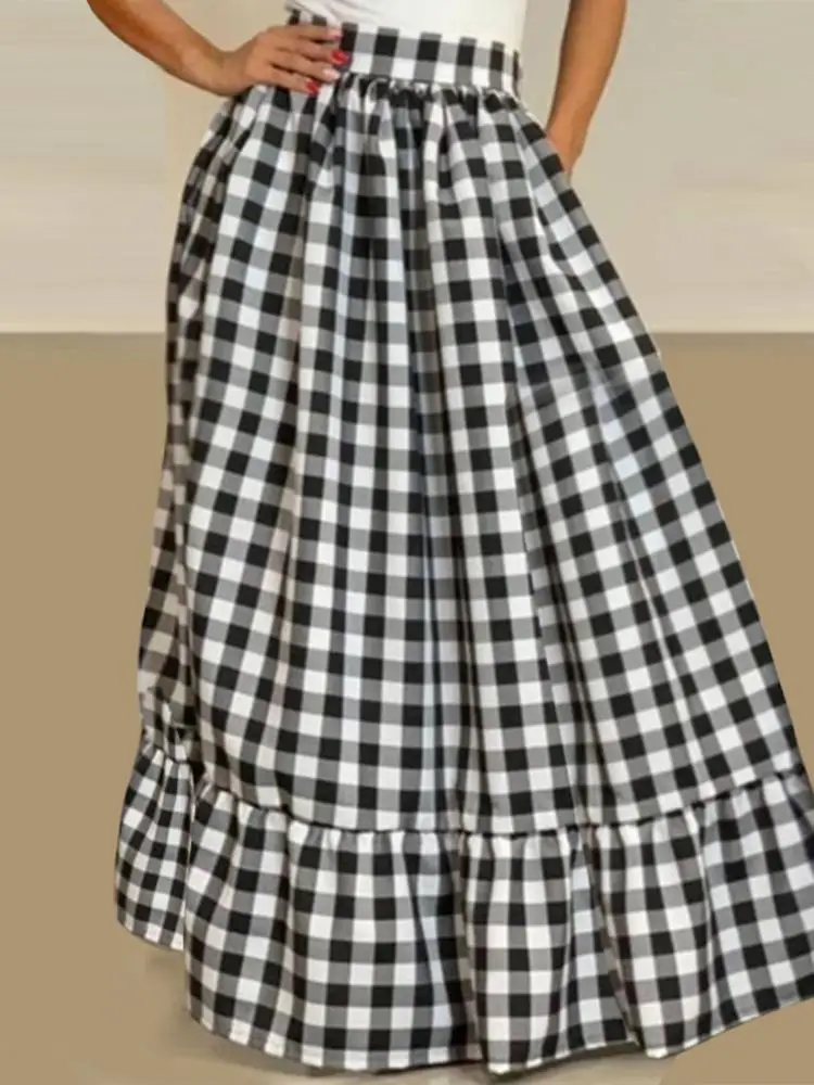 

VONDA Bohemian Women Plaid Skirts 2022 Autumn High Waist Checked Baggy Skirts Vintage Pleated Ruffled Skirt Loose Streetwears