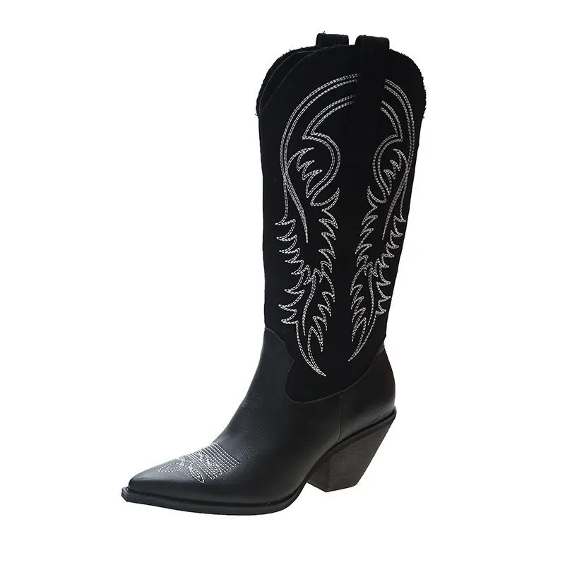 

2023 New women white cowboy boots retro net red thin pointed high barrel Knight boots thick heel boots women's knee length
