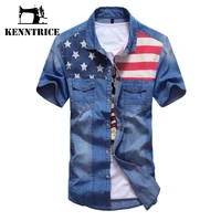 kenntrice vintage denim shirt short sleeve mens american flag blue shirt jeans camisa jeans masculina spring summer shirt male