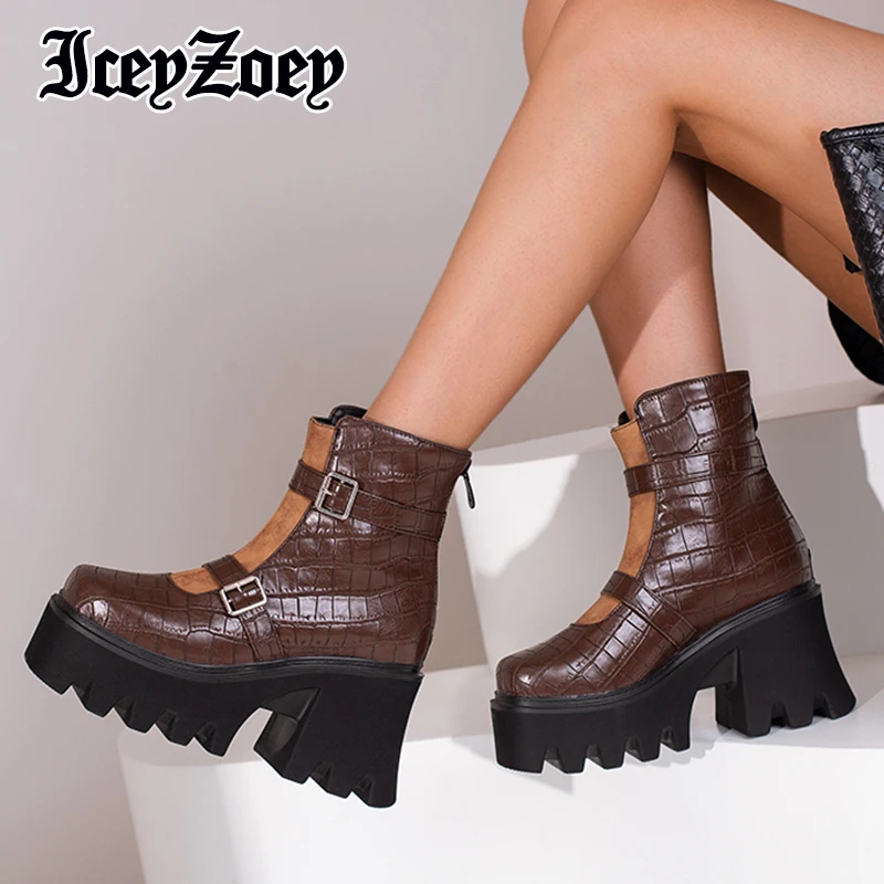 

IceyZoey, размер 34-44, новые женские ботильоны на платформе, зимняя женская обувь, модные повседневные короткие ботинки с пряжкой, женская обувь