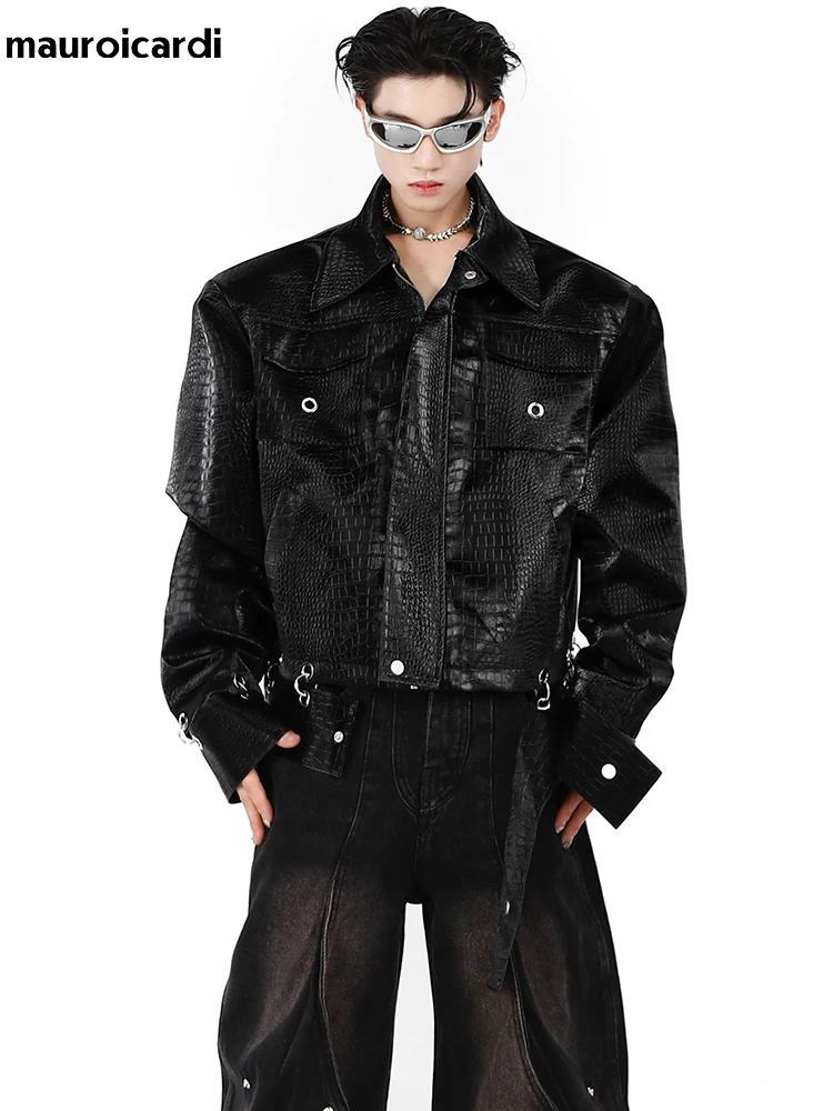 

Mauroicardi Весенняя прохладная оверсайз панк стиль черный блестящий крокодил принт Pu кожаная куртка мужчины с наплечниками с длинным рукавом Р...