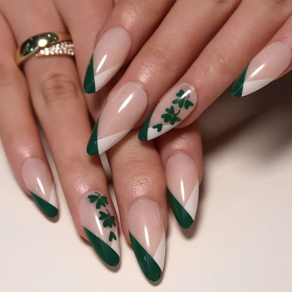 

24pcs Detachable Fake Nials Simple Wavy DIY French Four-leaf Clover Long Almond False Nails