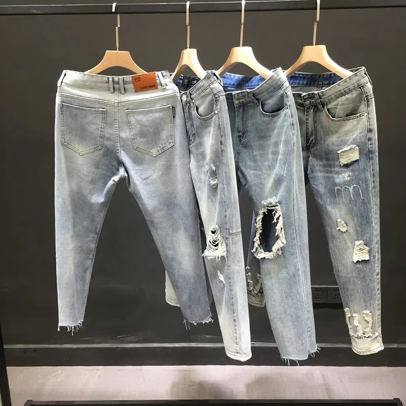 Polarized Jeans Men's Summer 2023 New Trendy Beggar Rotten Pants Slim Light-colored Nine-point Small Foot Pants