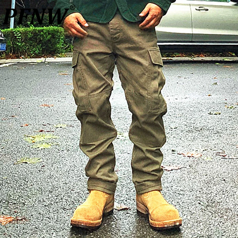 

PFNW Spring Autumn Men's New Herringbone Cargo Pants Tide Sportwear Harakuju Cotton Safari Style Multi Pockets Trousers 12A8206