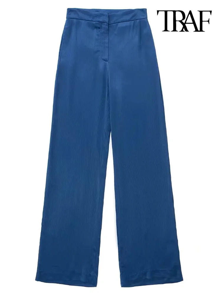 

TRAF Women Fashion Side Pockets Creased-Effect Wide Leg Pants Vintage High Waist Zipper Fly Female Trousers Mujer
