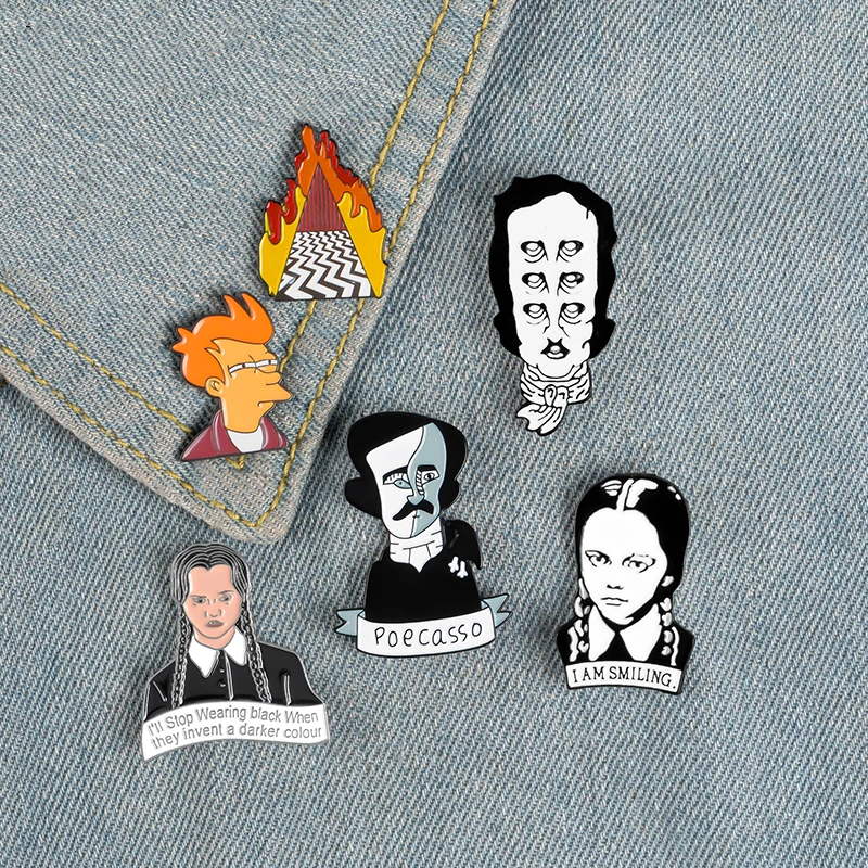 10 PCS / LOT Movie Role Enamel Pin Brooch Writer Edgar Allan Poe Wednesday Fry Badges Clothes Lapel pin cap bag Creative Fun 