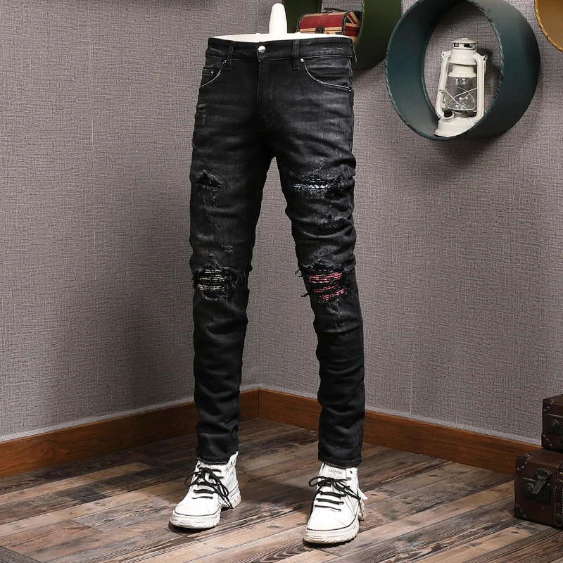High Street Fashion Men Jeans Retro Black Gray Stretch Elastic Slim Ripped Jeans Men Patch Designer Hip Hop Brand Pants Hombre