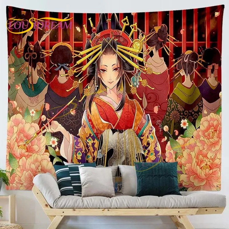 Japanese-style Cartoon Ukiyo Printed Hanging Tapestry Samurai Pattern Black Cat Wall Kanagawa Waves |