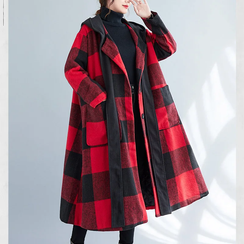 Oversize Plus Cotton Thickened Windbreaker Jacket 2022 Winter Fashion Long Sleeve Plaid Hooded Woolen Lambswool Jacket Parkas