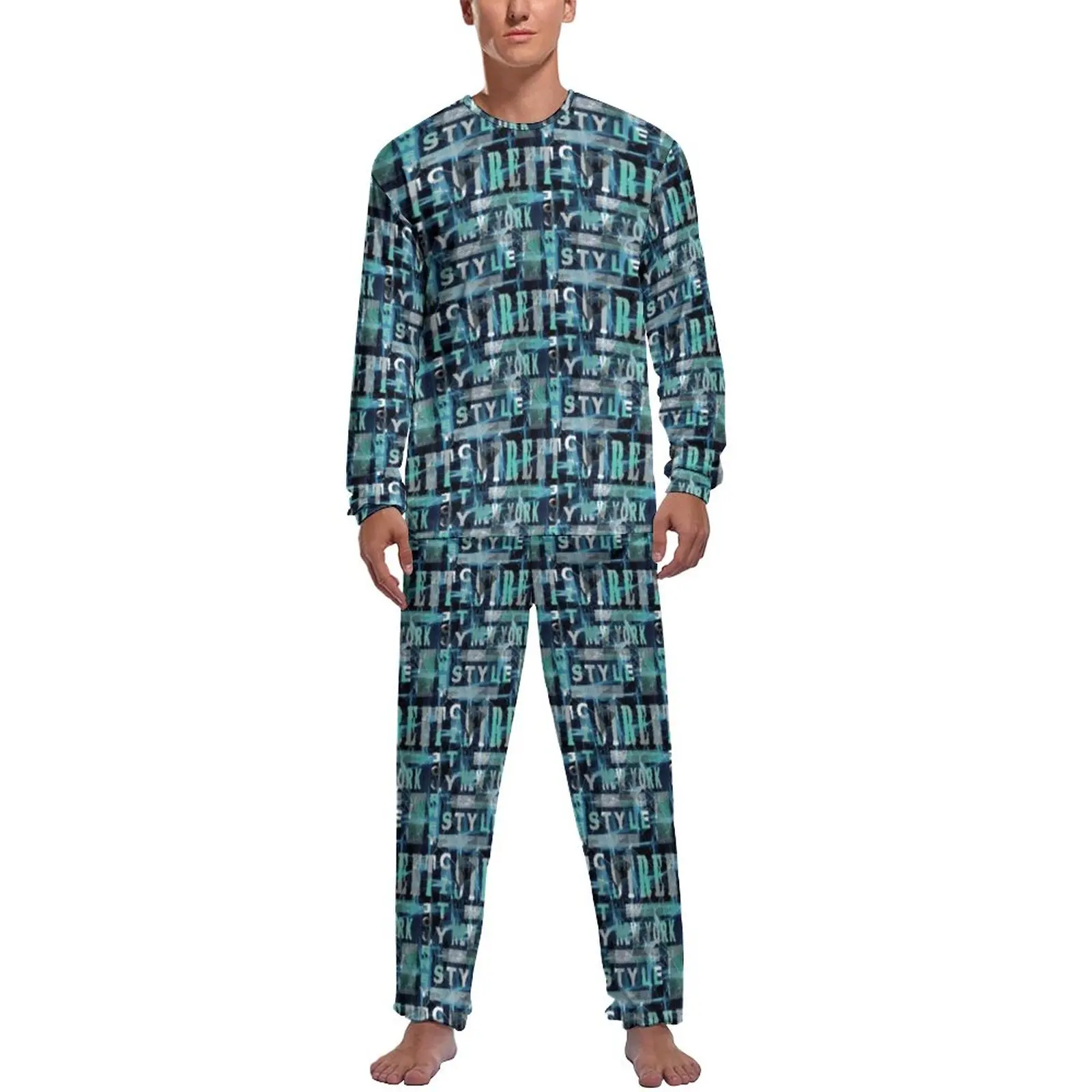 Word Graffiti Pajamas Man Urban Style Print Warm Nightwear Winter Long Sleeve 2 Piece Casual Graphic Pajama Sets