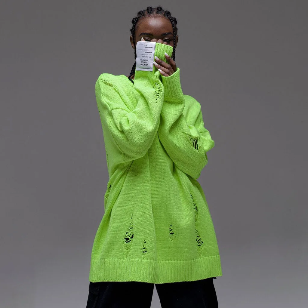 

Женский вязаный Свитер оверсайз с длинным рукавом, зеленый пикантный Повседневный трендовый свитер с вырезами и надписью, Осенний модный длинный свободный пуловер, джемпер