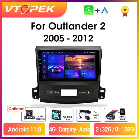 Мультимедийная магнитола Vtopek, мультимедийный проигрыватель на Android 11,0, 9 дюймов, 2DIN, для Mitsubishi Outlander Xl 2 2005-2012, для Citroen C-Crosser 2007-2013