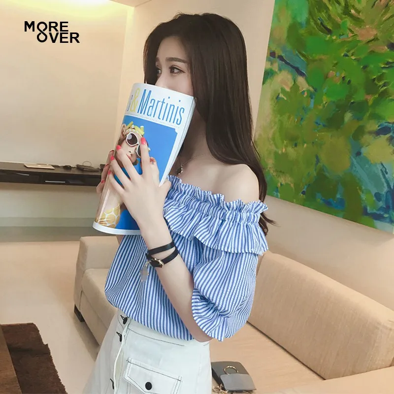 

Women Striped Shirt Blouse Elegant Slash Collar Crop Tops Elastic Strapless Blouses Streetwear Tops Short Sleeve Top