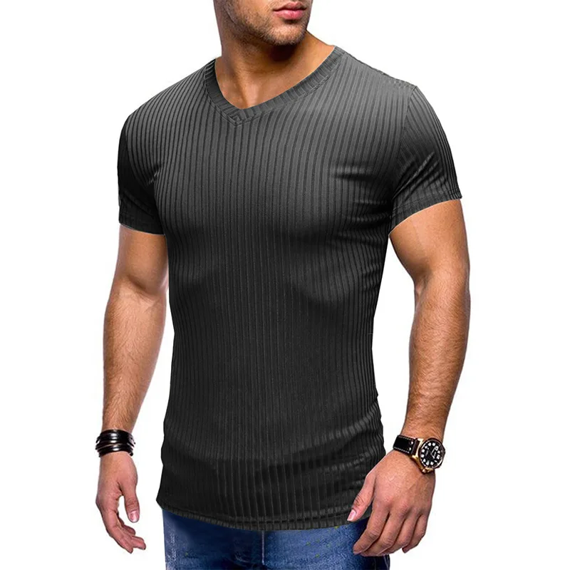 

Men's solid color leisure sports fitness short sleeve T-shirt in summer Europe and America men's slim V-neck top