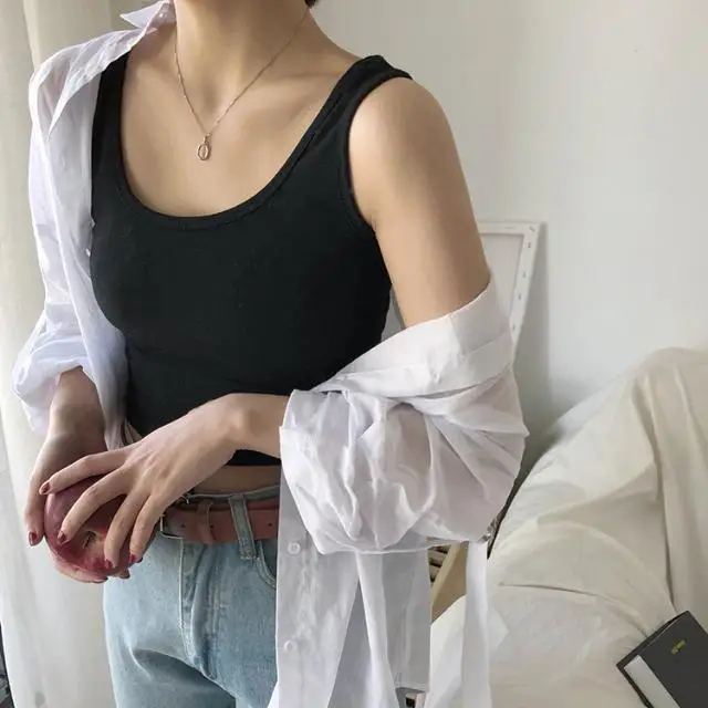 

Summer Short Camisole Shirts Sexy Suspenders Slim Solid Tank Top Backless Sleeveless Vest Outer Wear Crop Tops Female Clothing
