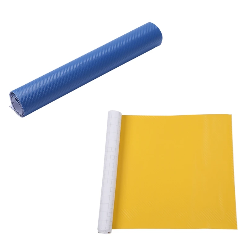 

2 Pcs DIY 30X127 3D Carbon Fiber Decal Vinyl Film Wrap Roll Adhesive Car Sticker Sheet Yellow & Blue