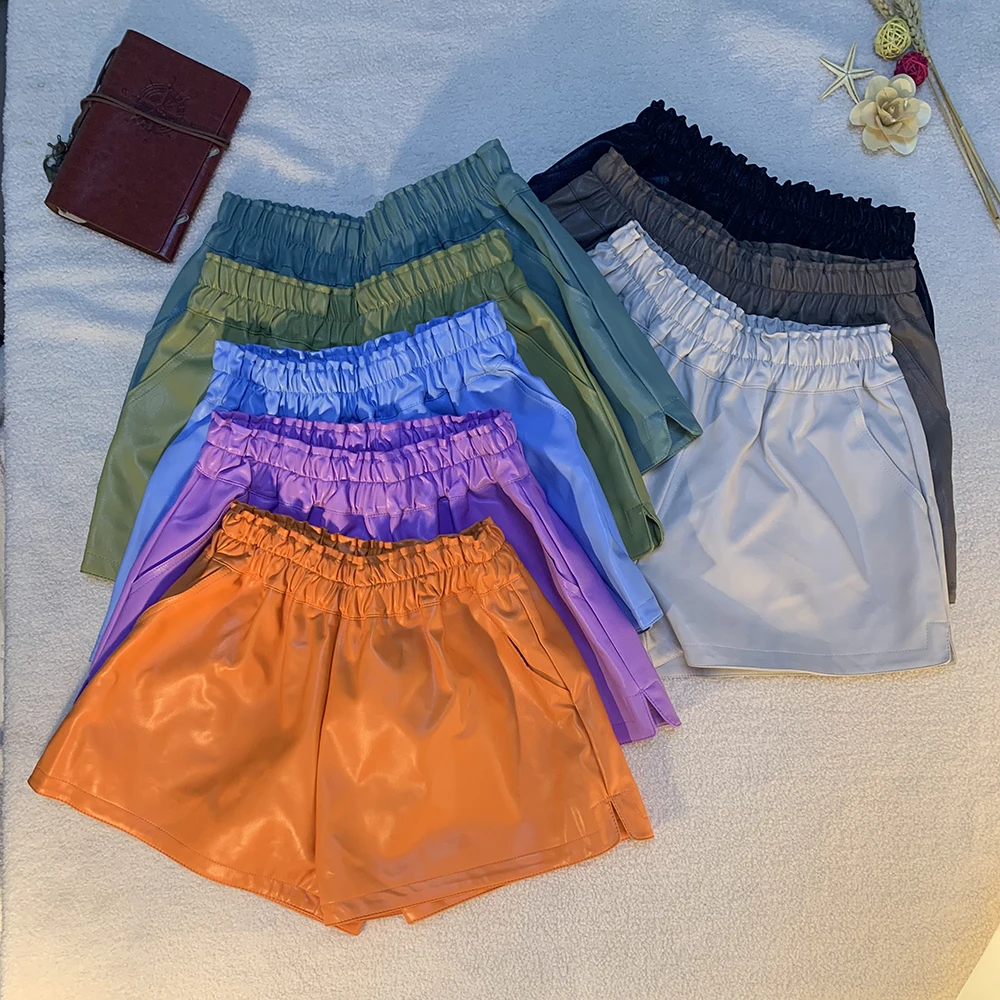 

GGRIGHT High Quality Elastic High Waist Wide Leg Pockets Shorts Women Autumn winter Korean PU Leather Casual Shorts Femme 2021