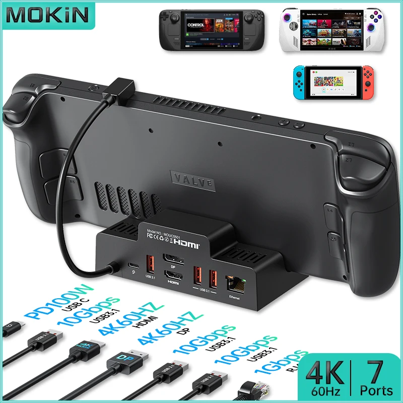 

MOKiN 7 in 1 Docking Station for Steam Deck, ROG Ally, Laptop | PD 100W, RJ45 1Gbps | Enhanced Connectivity and Power Solution