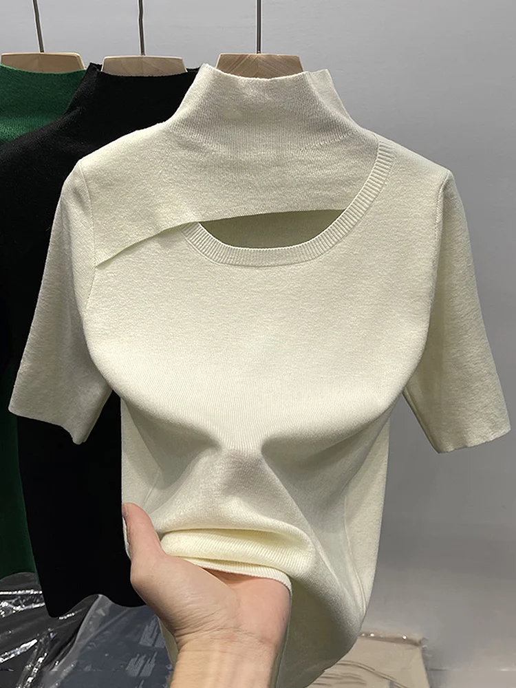 

BOBOKATEER Summer Top Women 2022 Mock Neck Cut Out Knitted T Shirt Fitted Solid Casual Tee Shirt Femme Poleras Mujer Camisetas