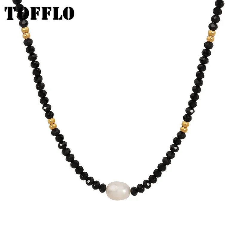 

TOFFLO Stainless Steel Jewelry Black Glass Bead Splicing Baroque Freshwater Pearl Necklace Hip-Hop Collarbone Chain BSP1361